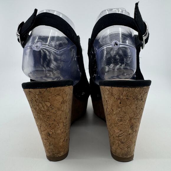 Fergalicious by Fergie Lace Peep Toe Wedge Heel Sandals Slingback Black Womens 5 - Picture 9 of 10
